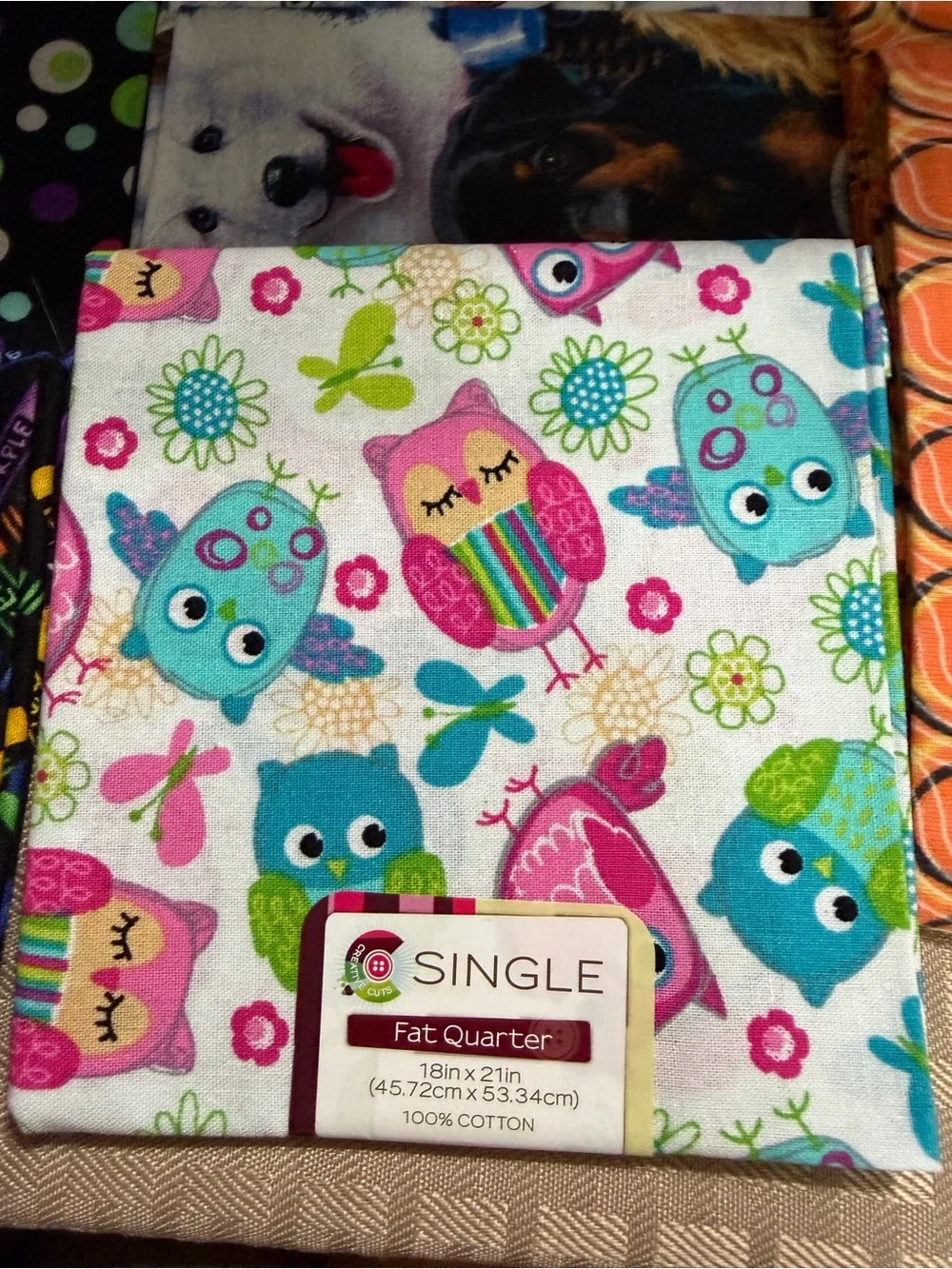 Colorful Fat Quarter Fabric Bundle - Owls, Cacti, Orange Geometric